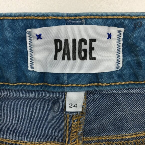 PAIGE Medium Wash 5 Pocket Logo Hardware JIMMY JIMMY Cuffed Hem Denim Shorts - Picture 2 of 9